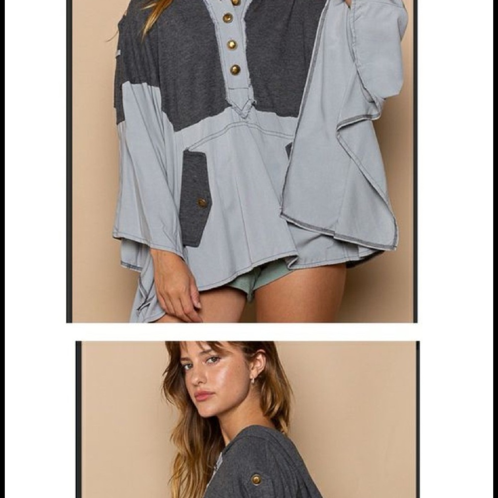 POL Oversized Gray and Blue Boxy Blouse- NWOT